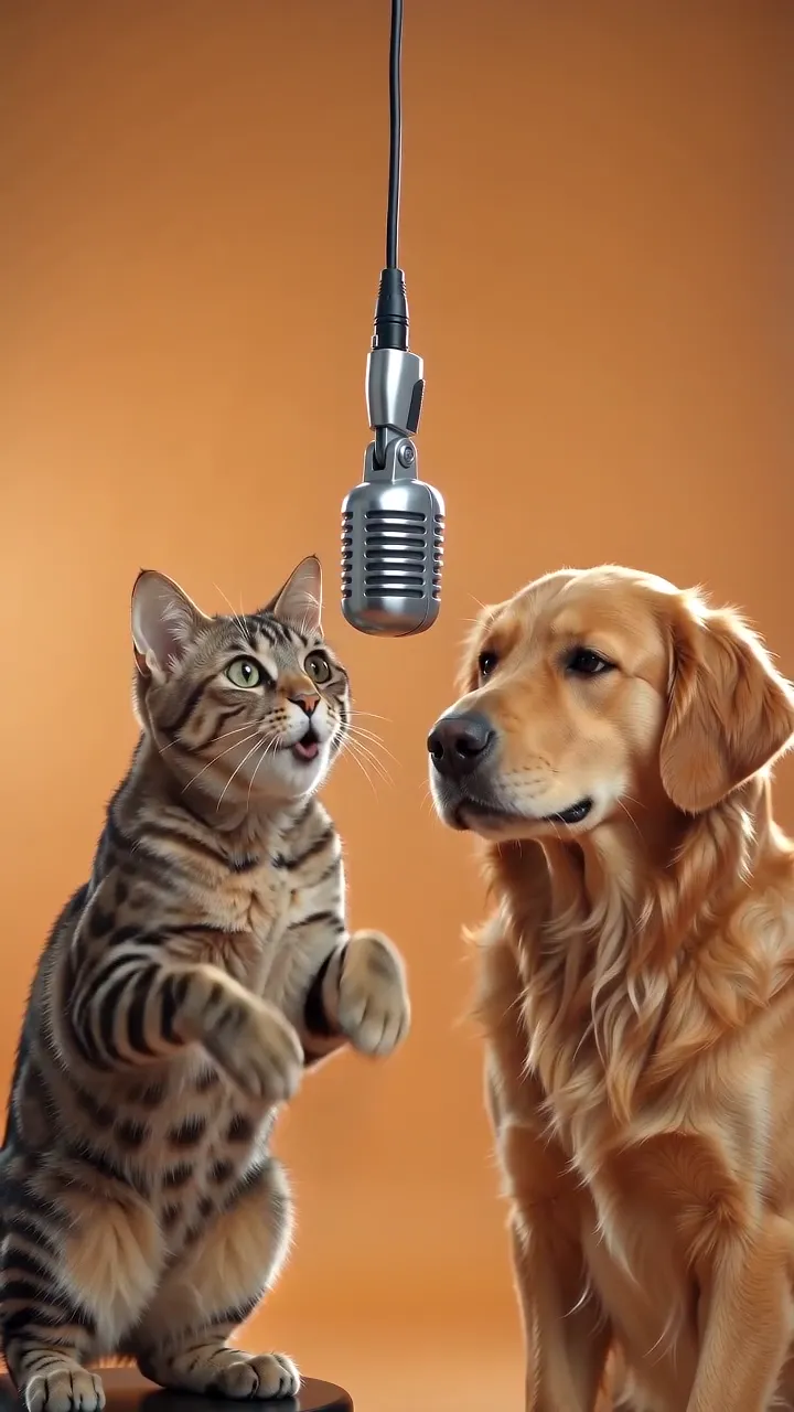 A cat and a dog rapping in an orange studio booth with one hanging microphone